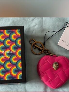 Kurt Geiger Hot Pink Quilted Heart Keyring with Gold Hardware